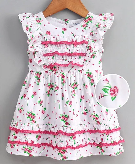 Babyoye Flutter Sleeves Layered Frock with Bloomer Floral Print - White