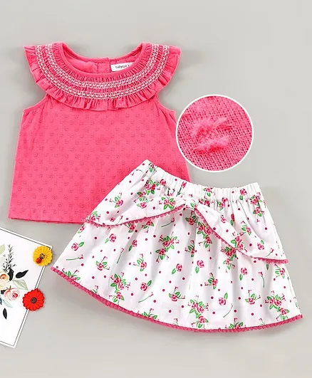 Babyoye Short Sleeves Top with Skirt Floral Print - Pink