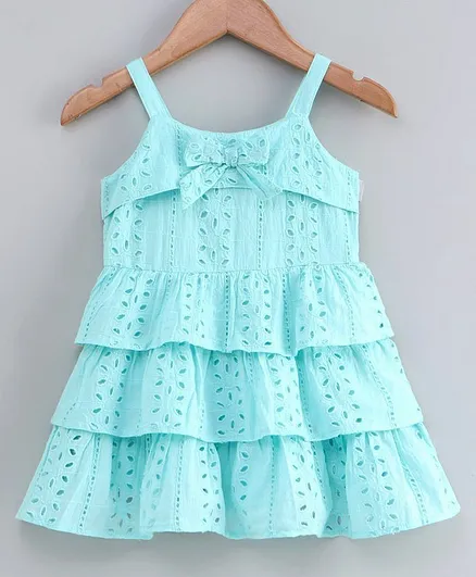 Babyoye Cotton Singlet Layered Frock With Bloomer Bow Applique - Light Blue