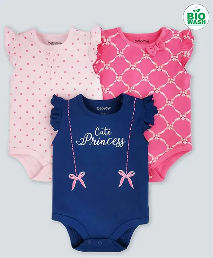 Babyoye Biowash Flutter Sleeves Cotton Onesie Polka Dot Print Pack of 3 - Pink