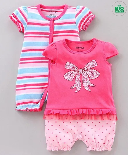 Babyoye Cotton Short Sleeves Romper Bow Print Pack of 2 - Pink