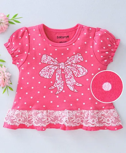 Babyoye Biowash Polka Dot Short Sleeves Tee Lace Detail - Pink