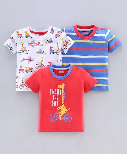 Babyhug Half Sleeves Biowashed Tee Pack of 3 - Red Blue White