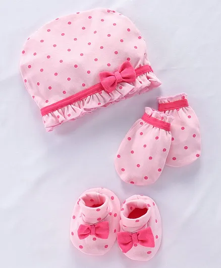 Babyoye Cap Mittens and Booties Set Cotton - Baby Pink