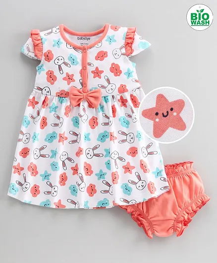 Babyoye Cotton Cap Sleeves Frock With Bloomer Bunny Print - White Coral
