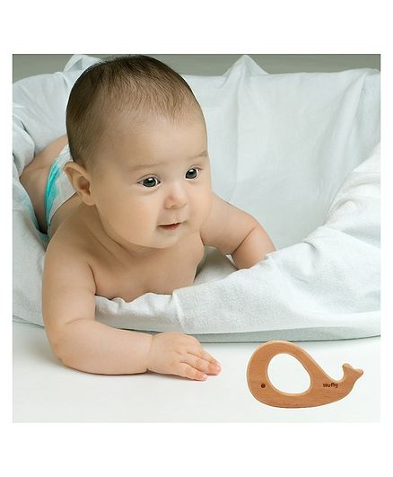Wufiy Wooden Whale Shaped Neem Teether Glazed With Virgin Coconut Oil - Light Brown