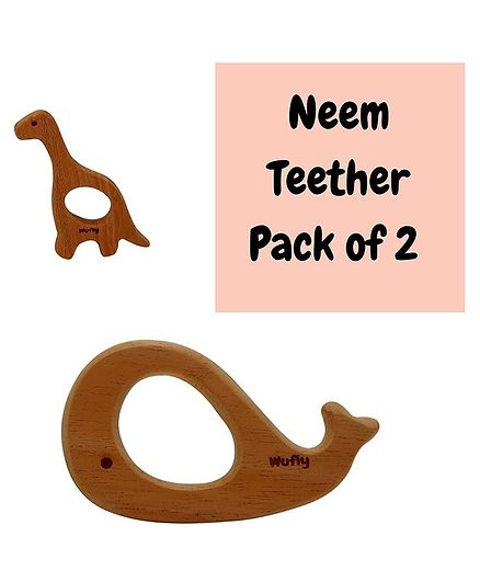 Wufiy Wooden Whale & Dino Shaped Neem Teethers Glazed With Virgin Coconut Oil - Dark Brown