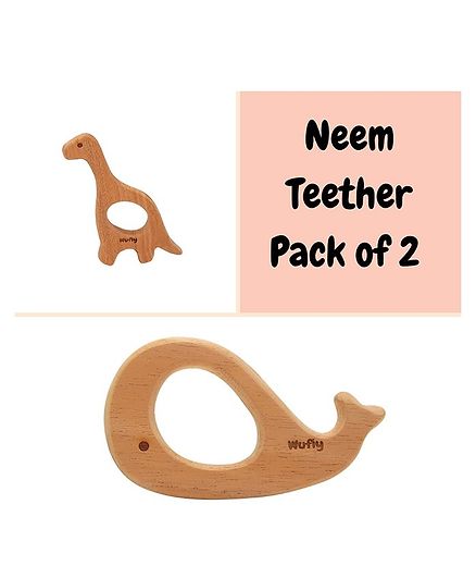 Wufiy Wooden Whale & Dino Shaped Neem Teethers Glazed With Virgin Coconut Oil - Light Brown