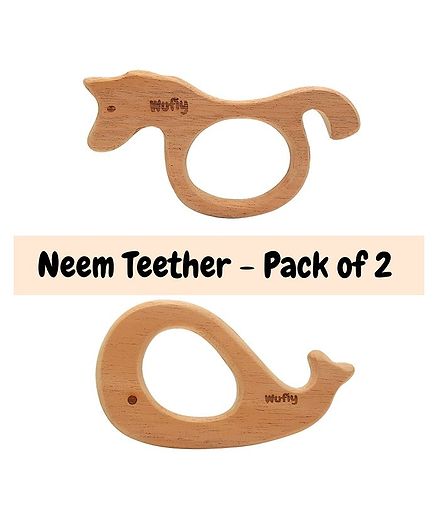 Wufiy Sea Horse & Whale Shape Neem Wooden Teether Pack of 2 - Brown