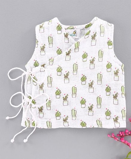 Keebee Organics Sleeveless Cactus Print Muslin Vest - White