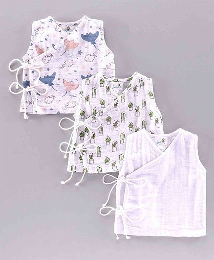 Keebee Organics Pack Of 3 Sleeveless Printed Muslin Vests - White