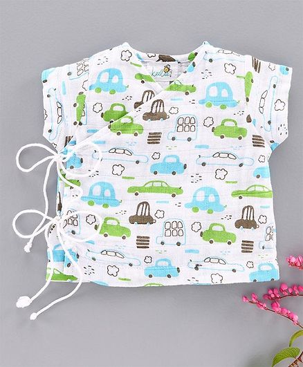 Keebee Organics Short Sleeves Cars Printed Muslin Vest - White