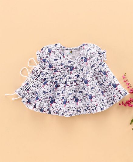Keebee Organics Short Sleeves Cats Printed Muslin Dress - White