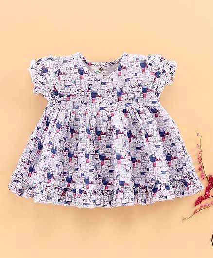 Keebee Organics Short Sleeves Cats Printed Muslin Dress - White