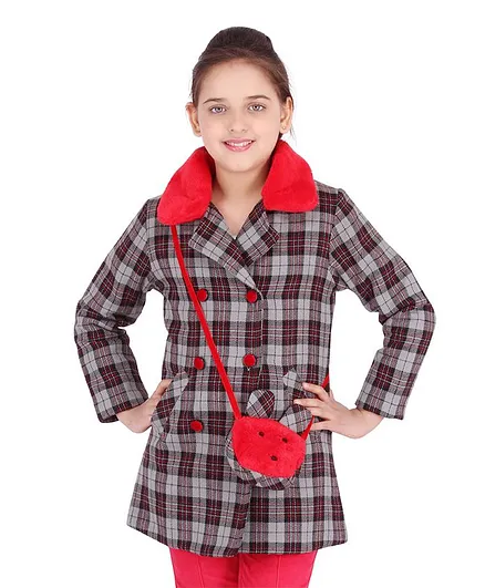 Cutecumber Checkered Full Sleeves Over Coat With Sling Bag - Red & Grey
