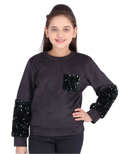 Cutecumber Full Sleeves Suede Sequined Sweatshirt - Black