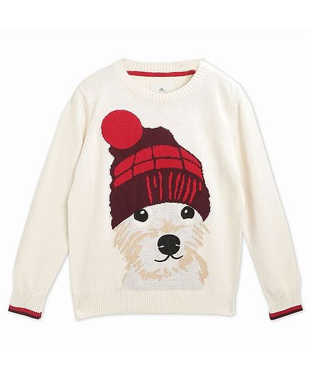 Cherry Crumble By Nitt Hyman Full Sleeves Dog Design Sweater - Off White