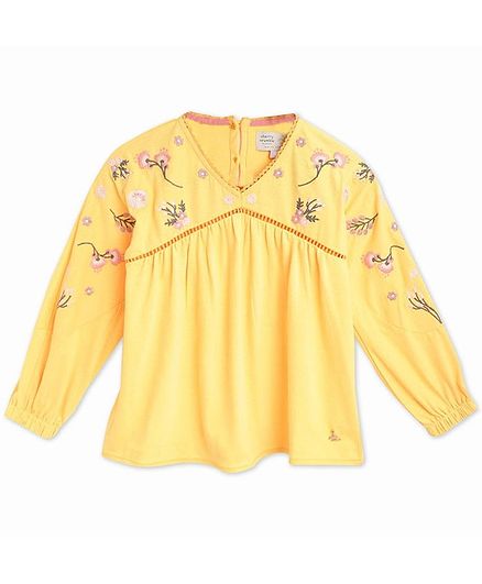 Cherry Crumble By Nitt Hyman Full Sleeves Flower Embroidery Detailing Top - Yellow