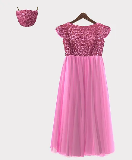 HEYKIDOO Cap Sleeves Flower Embroidery Detailing Gown With Matching Face Mask - Pink