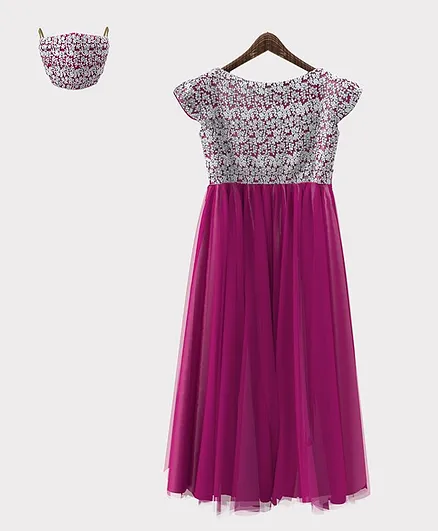 HEYKIDOO Cap Sleeves Flower Embroidery Detailing Gown With Matching Face Mask - Dark Pink