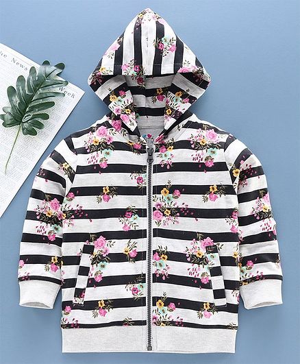 Ventra Full Sleeves Striped Floral Print Hooded Jacket - Grey