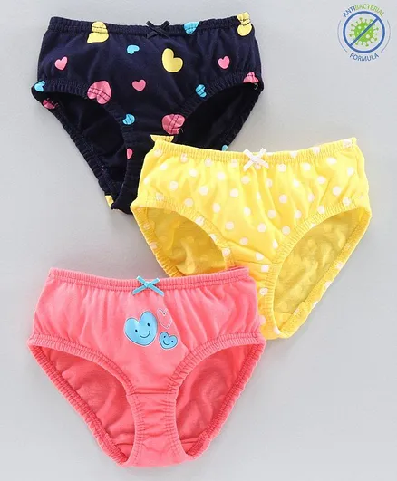 Babyoye Cotton Panties Heart & Dot Print Pack of 3 - Pink Yellow Navy Blue