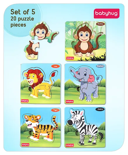 Babyhug Blossoms Wild Animals Wooden Puzzles Set of 5 - 4 Pieces each