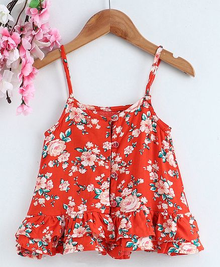 Babyhug Singlet Layered A Line Top Floral Print - Red