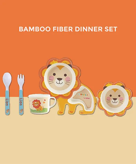 Polka Tots Lovely Lion Bamboo Fiber 5 Piece Feeding Set - Yellow