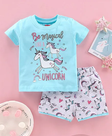 Babyhug Half Sleeves Bio Wash Night Suit Unicorn Print - Blue