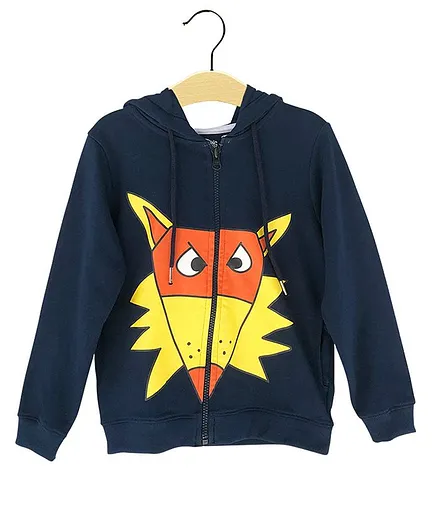 The Talking Canvas Full Sleeves Quirky Fox Hooded Jacket - Navy Blue