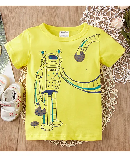 Kookie Kids Half Sleeves Tee Robot Print - Yellow
