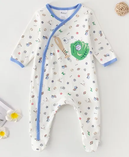 Kookie Kids Full Sleeves Footed Jumpsuit Baseball Print - White