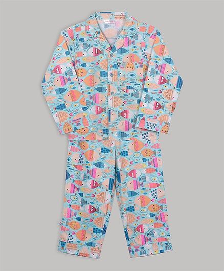 Baby Cloud Full Sleeves Fish Printed Night Suit - Light Blue