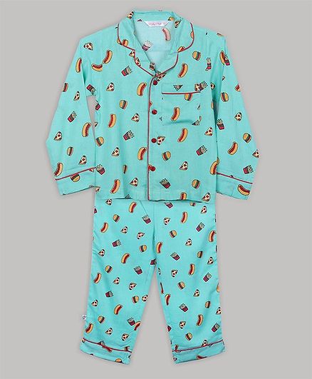 Baby Cloud Full Sleeves Burger Printed Night Suit - Green