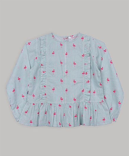 Baby Cloud Full Sleeves Striped Flamingo Printed Top - Sea Green