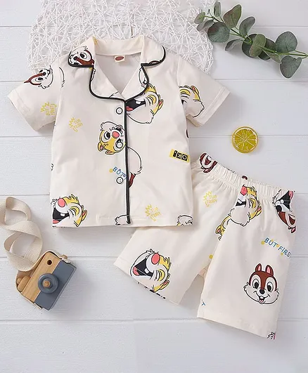 Kookie Kids Half Sleeves Night Suit Squirrel Print - Cream
