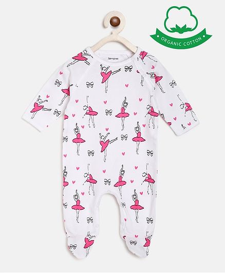 berrytree Organic Cotton Full Sleeves Ballerina Print Romper - Pink
