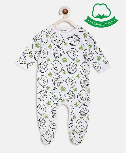 berrytree Organic Cotton Full Sleeves Cat Print Romper - Green