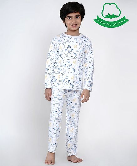 berrytree Organic Cotton Full Sleeves Airplanes Print Night Suit - Blue