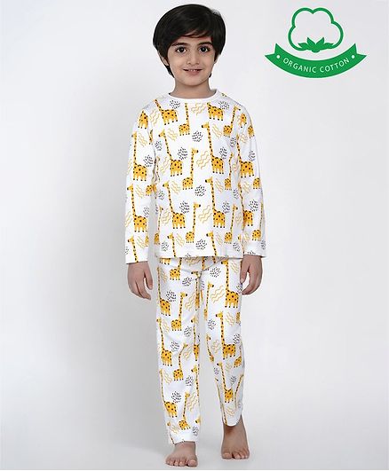 berrytree Organic Cotton Full Sleeves Giraffe Print Night Suit - Yellow