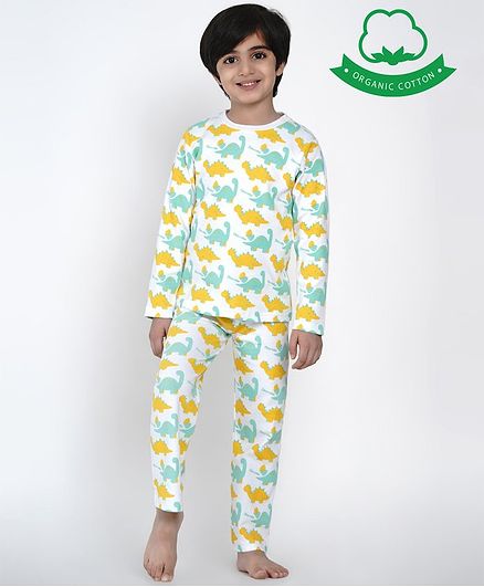 berrytree Organic Cotton Full Sleeves Dinosaur Print Night Suit - Green