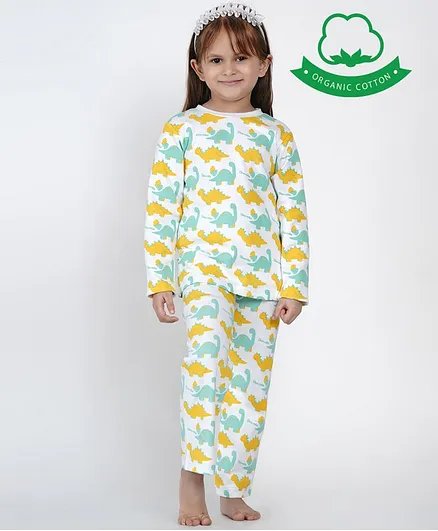 berrytree Organic Cotton Full Sleeves Dinosaur Print Night Suit - Green