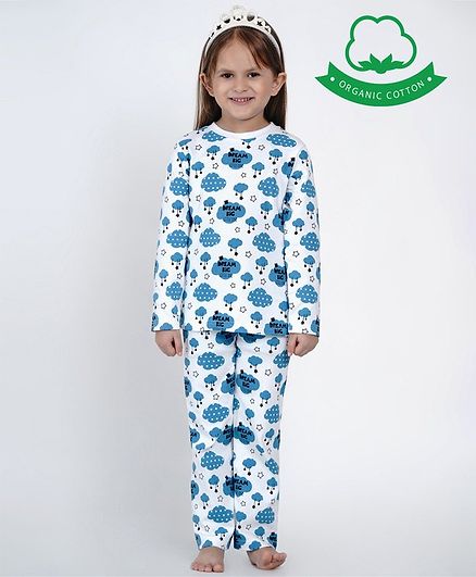 berrytree Organic Cotton Full Sleeves Clouds Print Night Suit - Blue