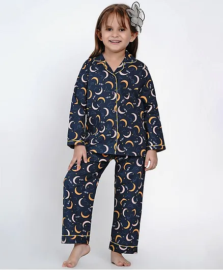 berrytree Organic Cotton Full Sleeves Moons Printed Night Suit - Navy Blue