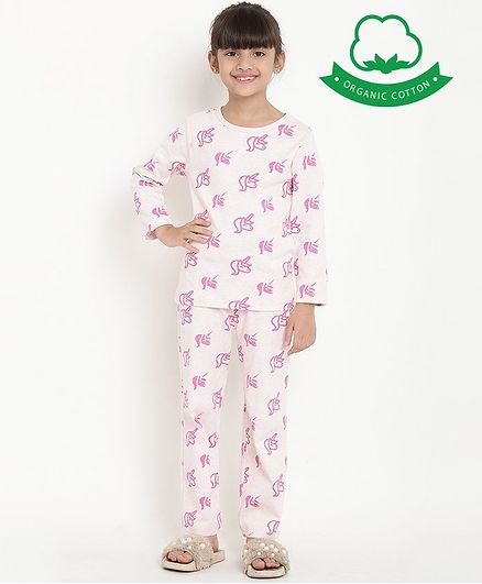 berrytree Organic Cotton Full Sleeves Unicorns Printed Night Suit - Pink