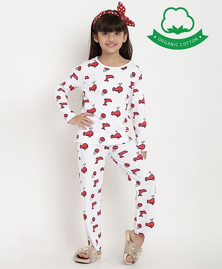 berrytree Organic Cotton Full Sleeves Whales Printed Night Suit - White