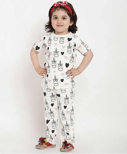 berrytree Organic Cotton Half Sleeves Unicorns Printed Night Suit - White
