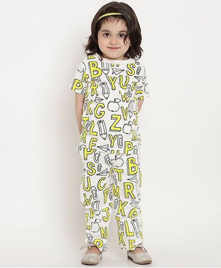 berrytree Organic Cotton Half Sleeves Alphabets Printed Night Suit - Yellow
