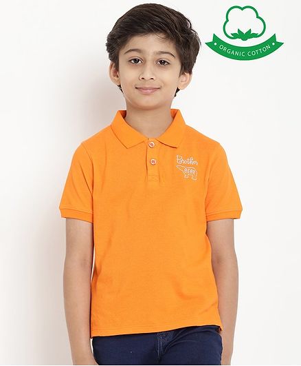berrytree Organic Cotton Half Sleeves Brother Bear Embroidered T-Shirt - Orange